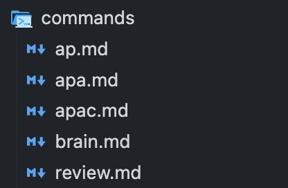 Dossier ~/.claude/commands/ contenant les fichiers .md de commandes personnalisées